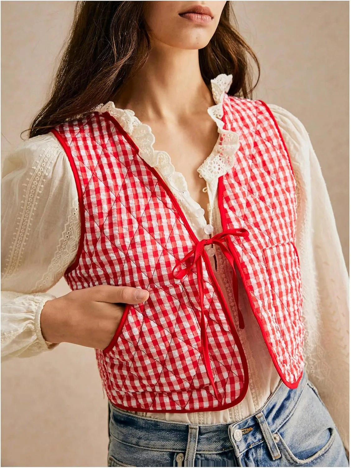 MakeMeChic Women's Plaid Gingham Quilted Vest Tie Front Sleeveless Crop Puffer Jacket