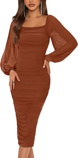 MASCOMODA Women 2025 Square Neck Puff Long Sleeve Bodycon Midi Dress Ruched Mesh Wedding Guest Party Cocktai Formal Dresses