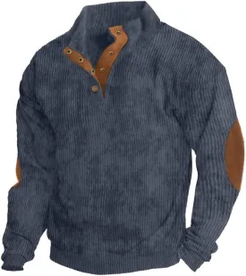 Mens Casual Corduroy Sweatshirt Long Sleeve Stand Collar 1/4 Button Up Pullover Fall Polo Sweaters