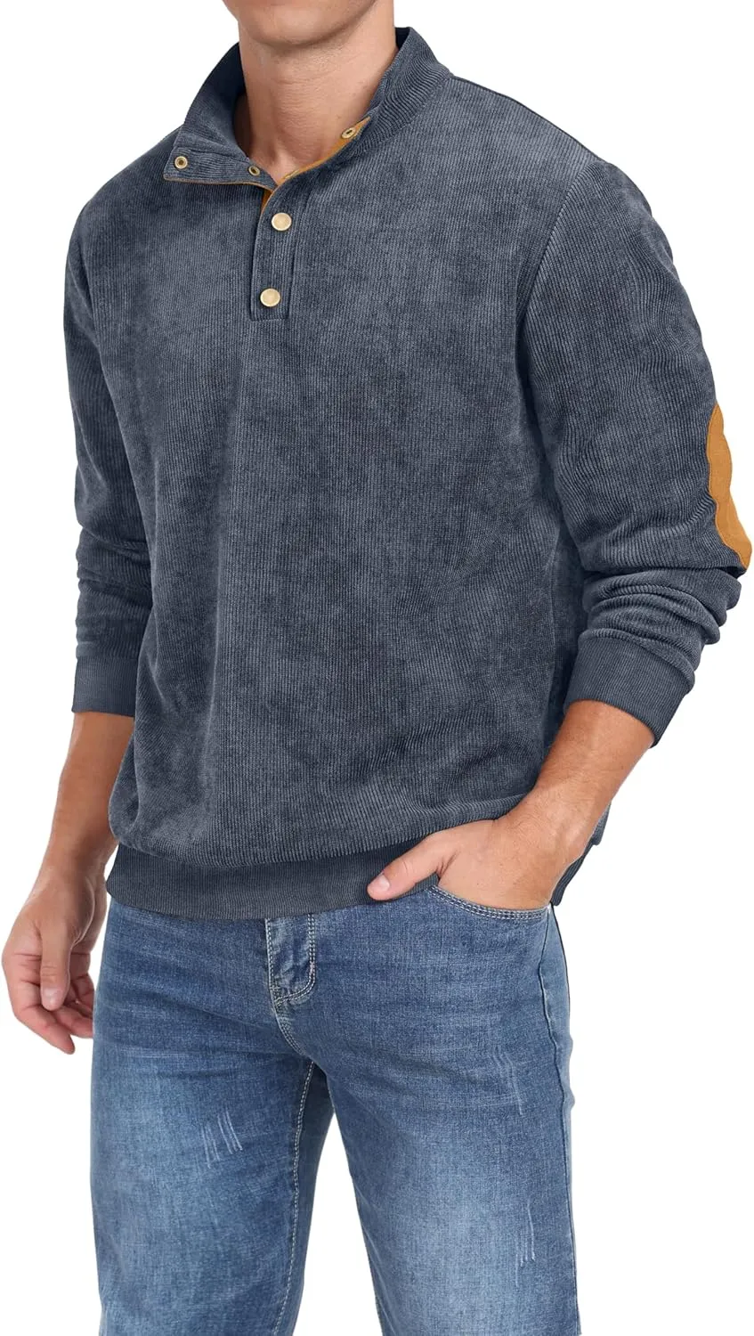 Mens Casual Corduroy Sweatshirt Long Sleeve Stand Collar 1/4 Button Up Pullover Fall Polo Sweaters
