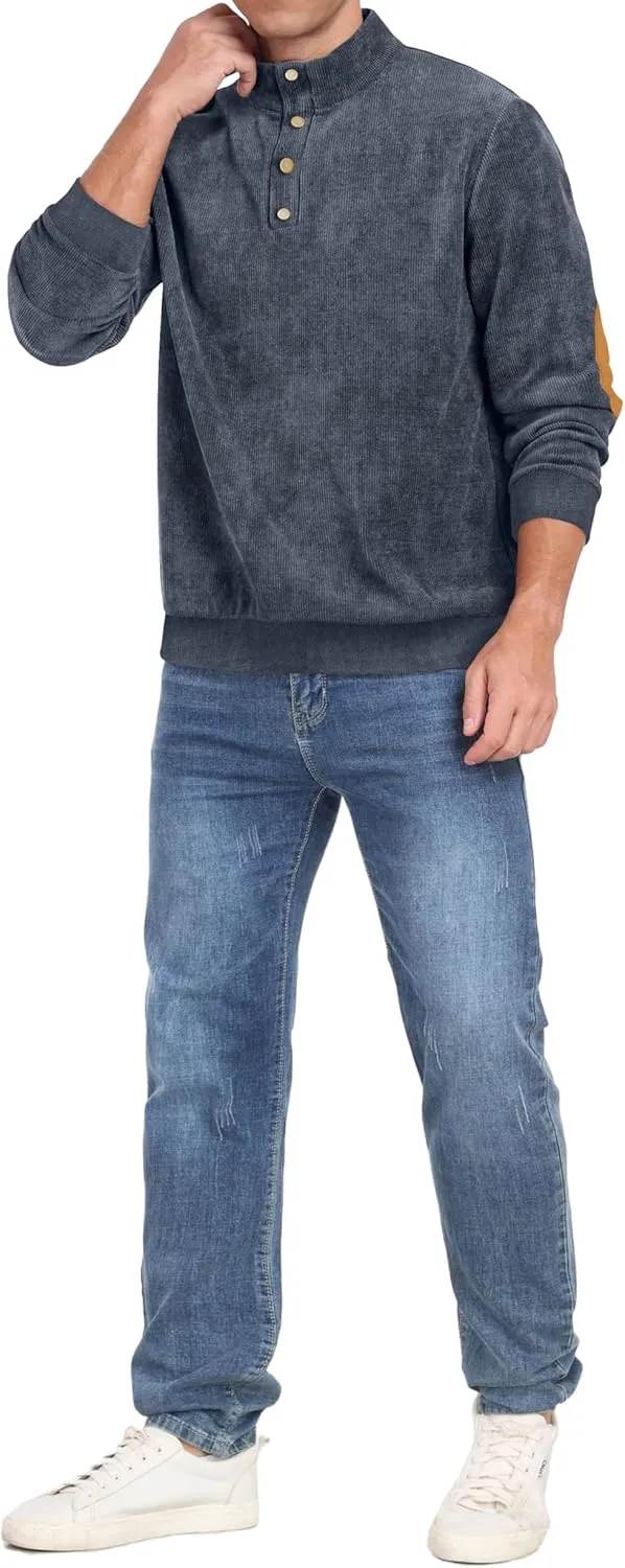 Mens Casual Corduroy Sweatshirt Long Sleeve Stand Collar 1/4 Button Up Pullover Fall Polo Sweaters