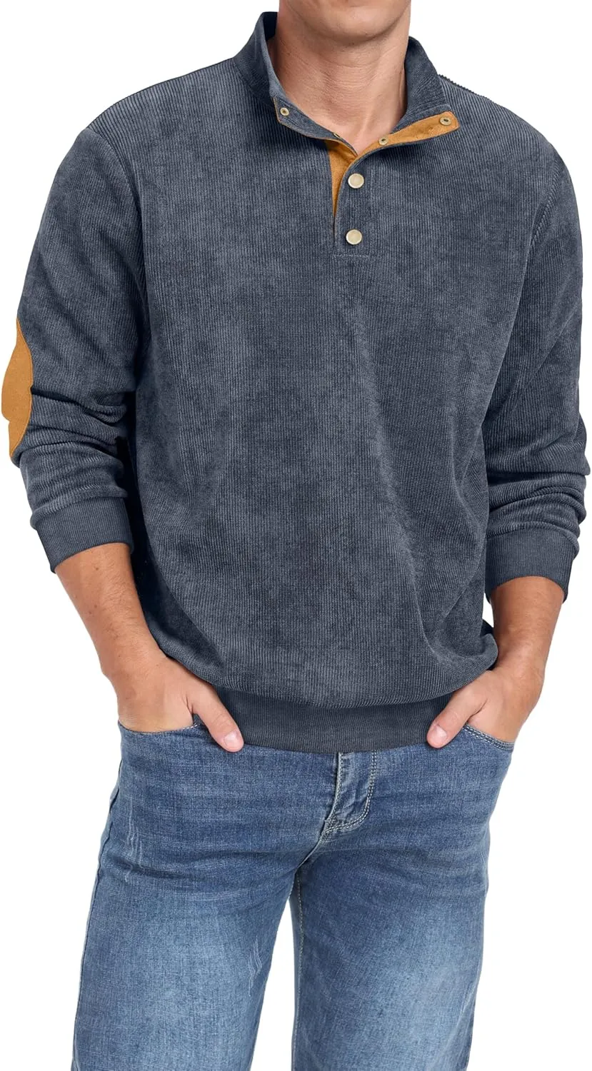Mens Casual Corduroy Sweatshirt Long Sleeve Stand Collar 1/4 Button Up Pullover Fall Polo Sweaters