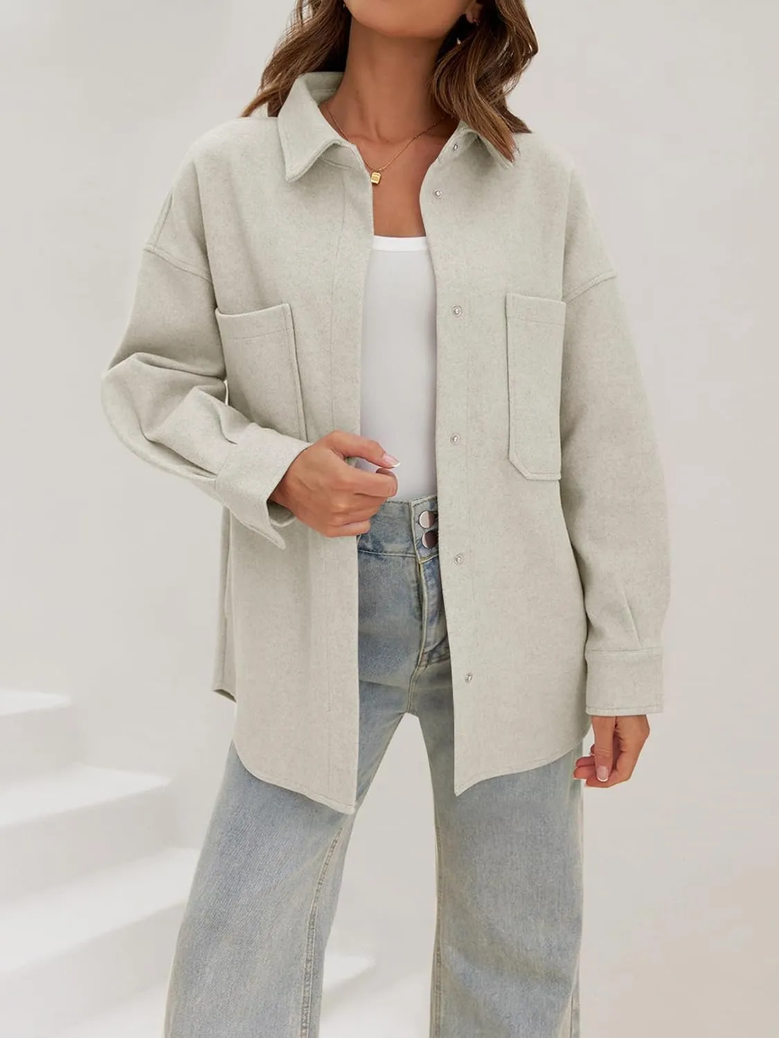 MEROKEETY Women's 2024 Fall Oversized Long Sleeve Shacket Jacket Button Down Wool Blend Coats with Pockets