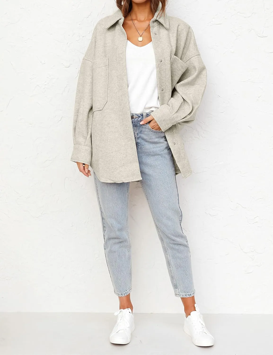 MEROKEETY Women's 2024 Fall Oversized Long Sleeve Shacket Jacket Button Down Wool Blend Coats with Pockets