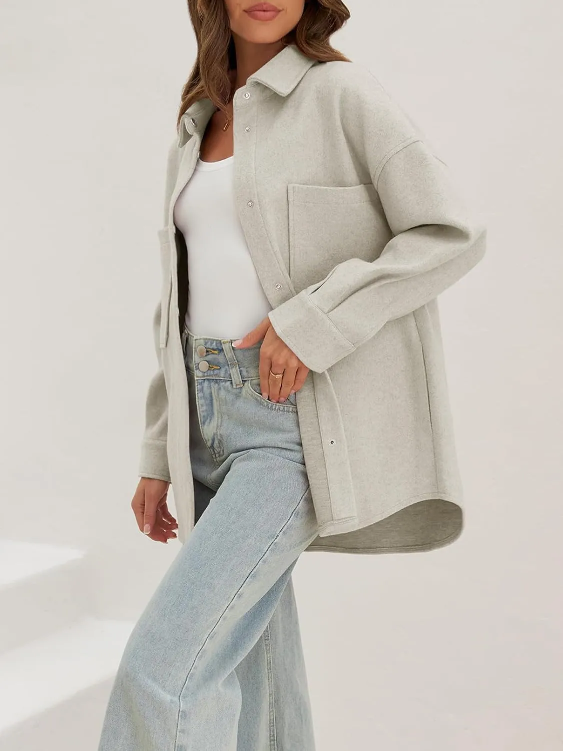 MEROKEETY Women's 2024 Fall Oversized Long Sleeve Shacket Jacket Button Down Wool Blend Coats with Pockets