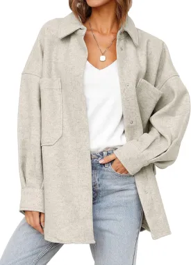 MEROKEETY Women's 2024 Fall Oversized Long Sleeve Shacket Jacket Button Down Wool Blend Coats with Pockets