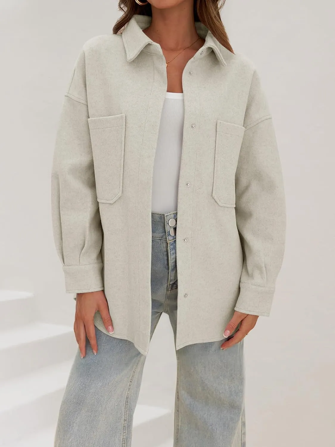 MEROKEETY Women's 2024 Fall Oversized Long Sleeve Shacket Jacket Button Down Wool Blend Coats with Pockets
