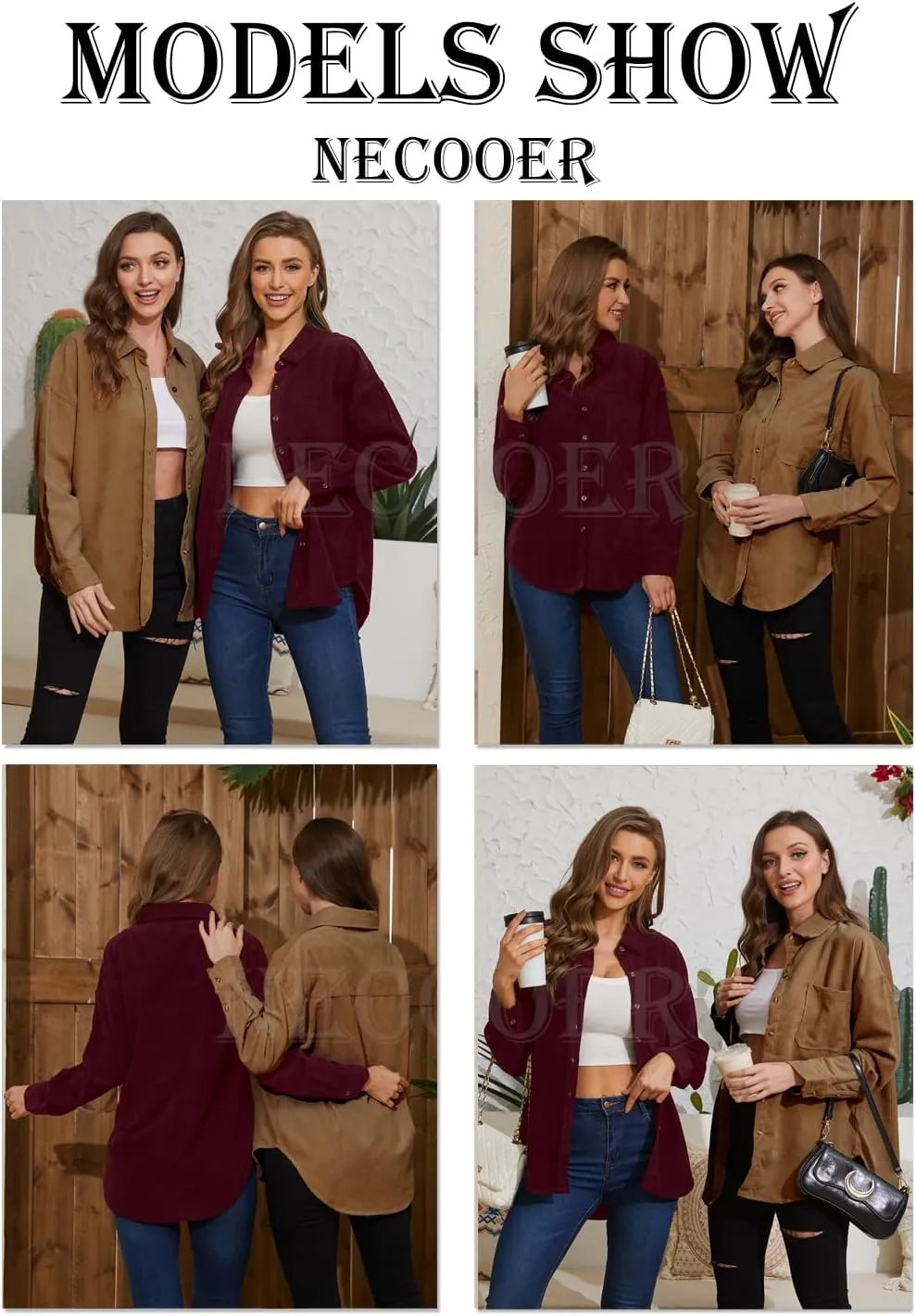 Necooer Womens Corduroy Shirts Button Down Long Sleeve Blouses Boyfriend Tops Oversized Jacket