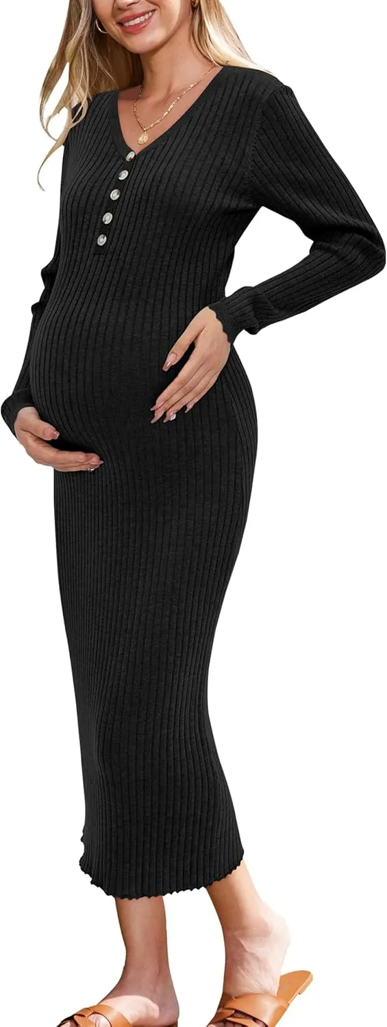 OUGES Women's Wool Blend 2025 Winter Maternity Sweater Dress V Neck Long Sleeve Slim Fit Ribbed Knit Midi Bodycon Dresses