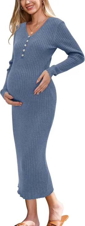 OUGES Women's Wool Blend 2025 Winter Maternity Sweater Dress V Neck Long Sleeve Slim Fit Ribbed Knit Midi Bodycon Dresses