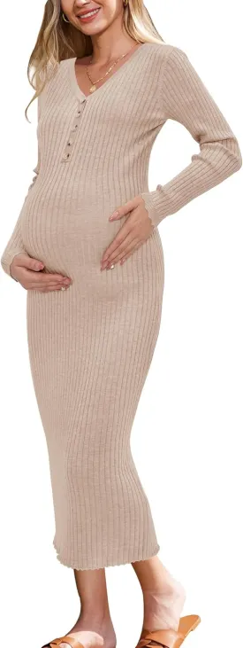 OUGES Women's Wool Blend 2025 Winter Maternity Sweater Dress V Neck Long Sleeve Slim Fit Ribbed Knit Midi Bodycon Dresses