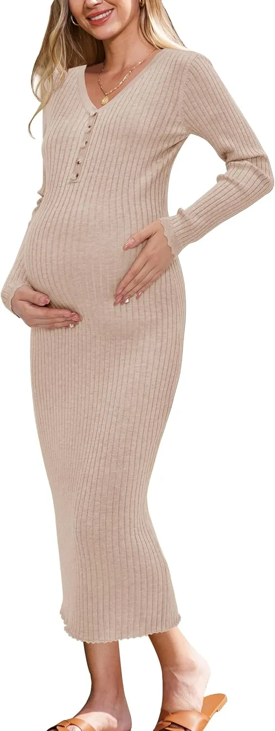 OUGES Women's Wool Blend 2025 Winter Maternity Sweater Dress V Neck Long Sleeve Slim Fit Ribbed Knit Midi Bodycon Dresses