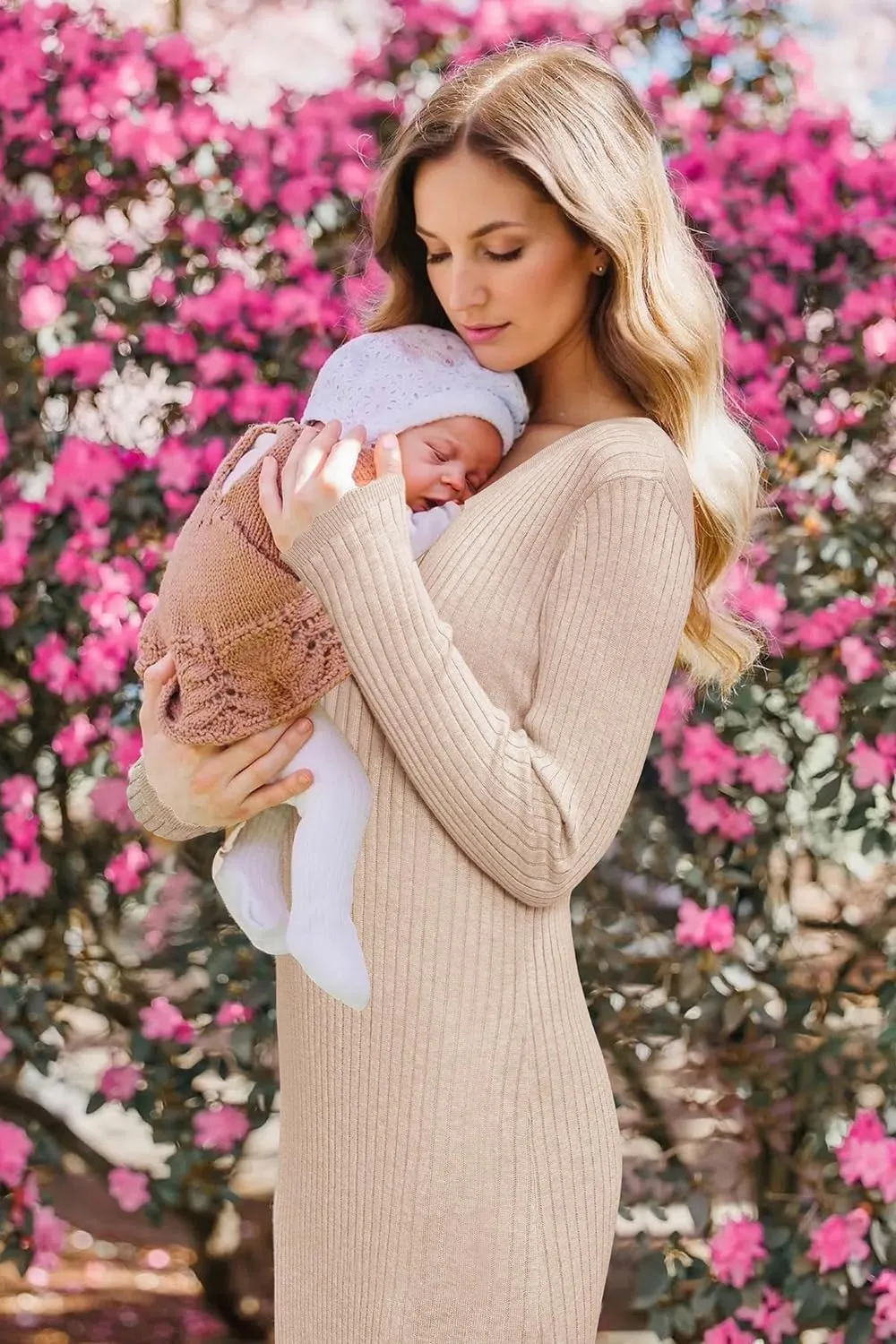 OUGES Women's Wool Blend 2025 Winter Maternity Sweater Dress V Neck Long Sleeve Slim Fit Ribbed Knit Midi Bodycon Dresses