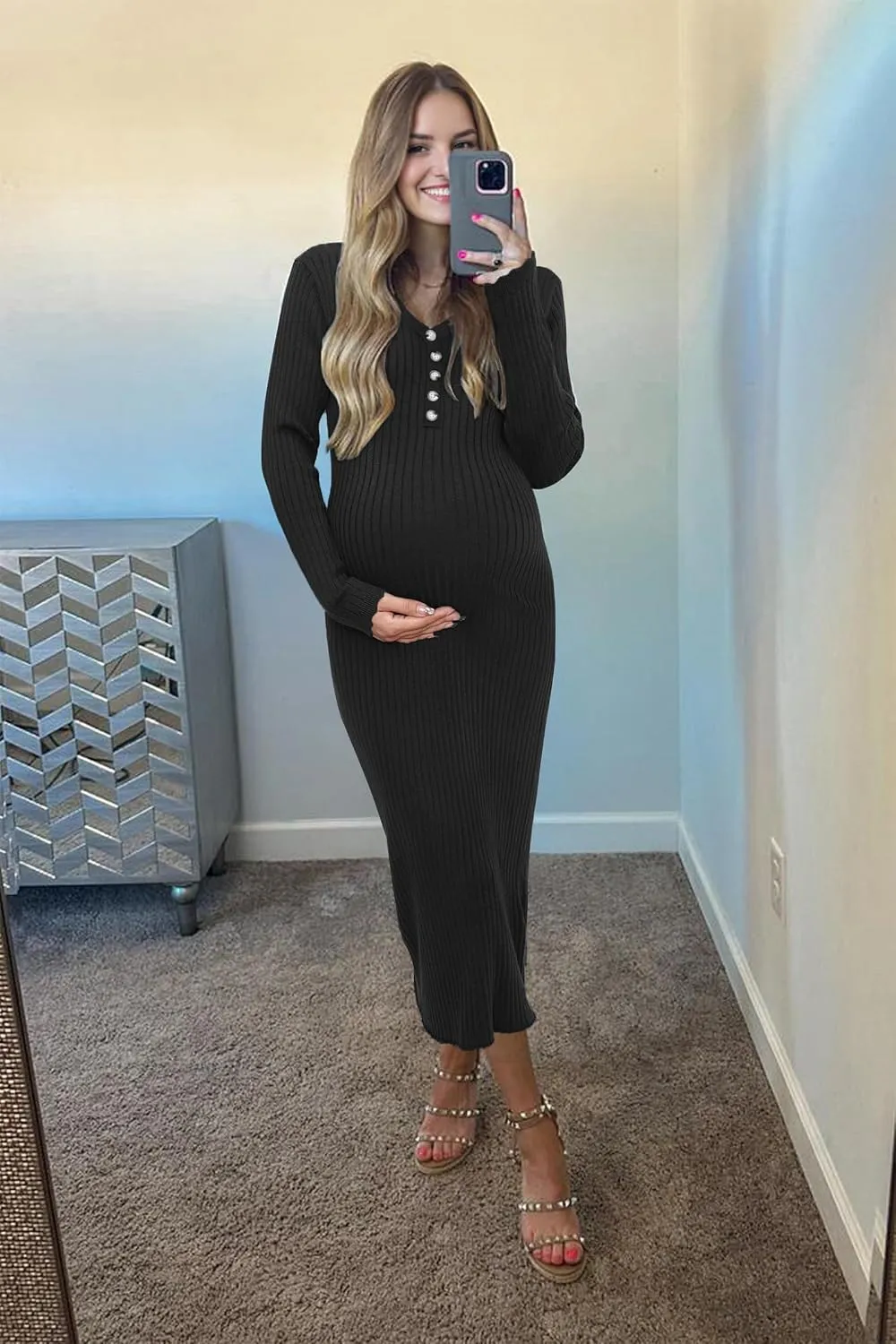 OUGES Women's Wool Blend 2025 Winter Maternity Sweater Dress V Neck Long Sleeve Slim Fit Ribbed Knit Midi Bodycon Dresses
