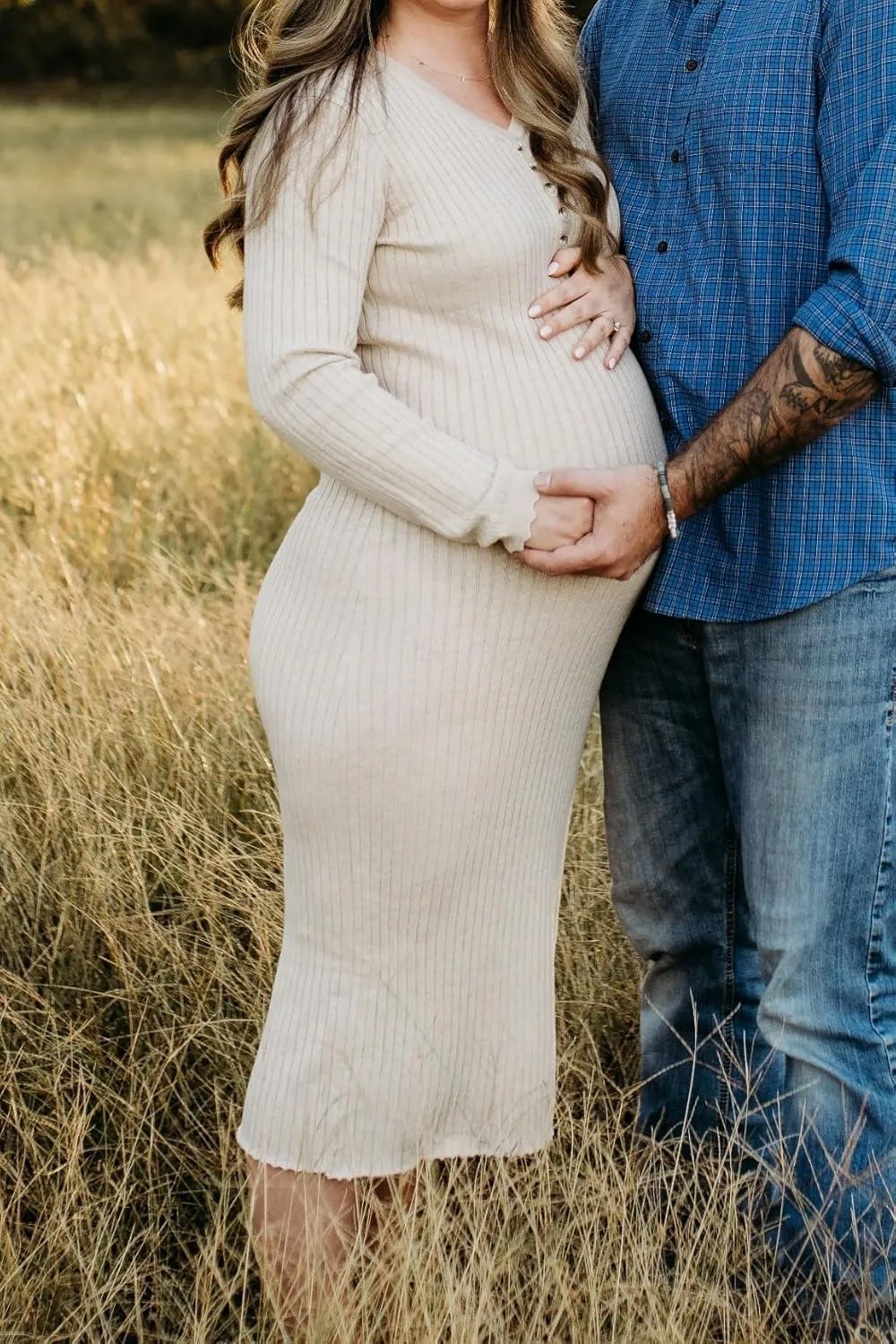 OUGES Women's Wool Blend 2025 Winter Maternity Sweater Dress V Neck Long Sleeve Slim Fit Ribbed Knit Midi Bodycon Dresses