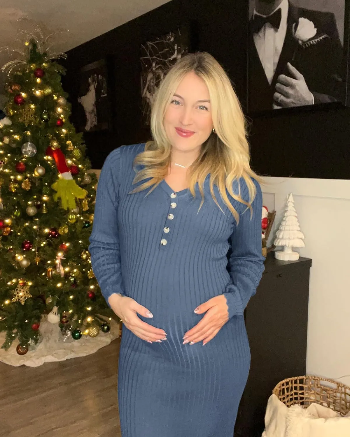 OUGES Women's Wool Blend 2025 Winter Maternity Sweater Dress V Neck Long Sleeve Slim Fit Ribbed Knit Midi Bodycon Dresses