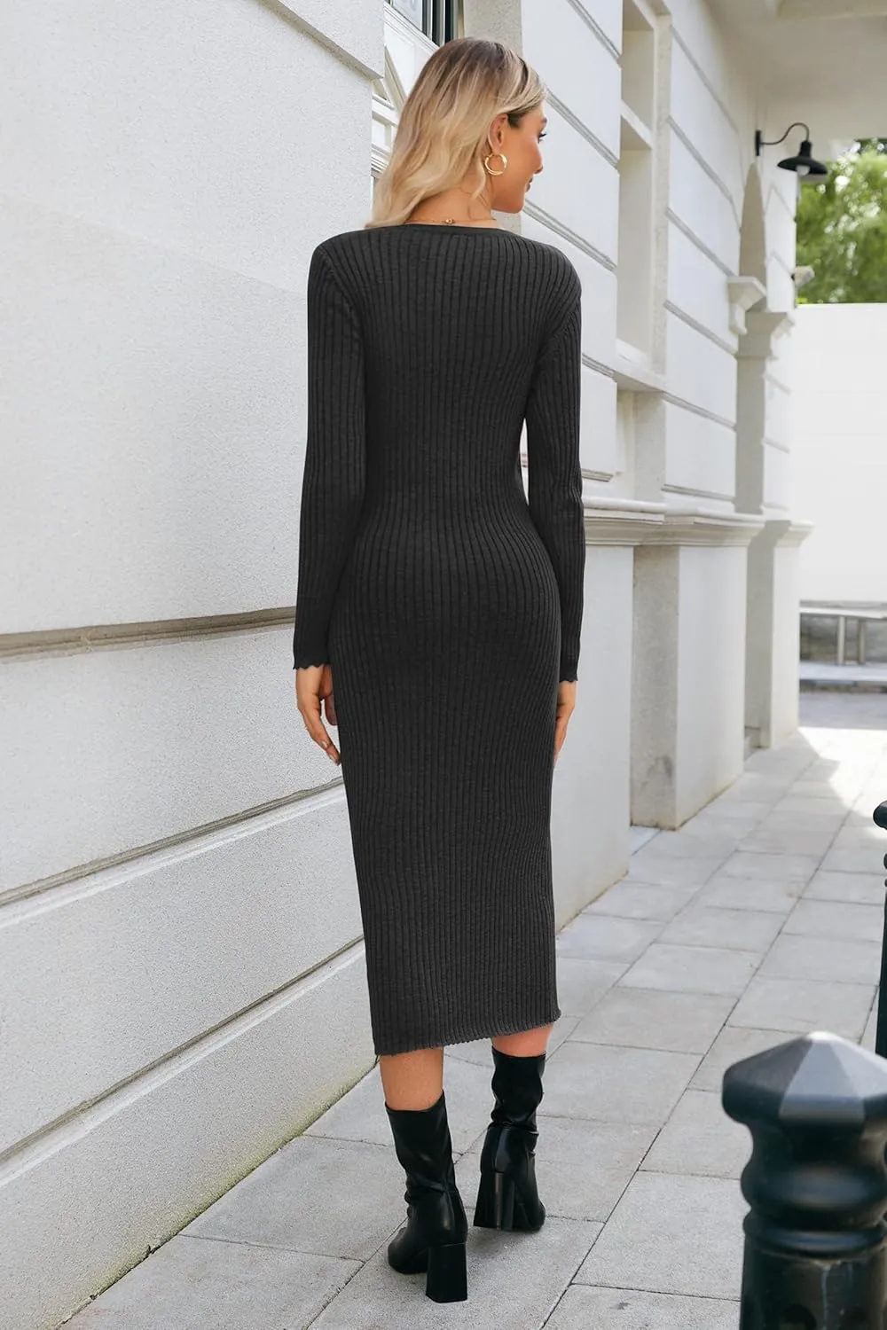 OUGES Women's Wool Blend 2025 Winter Maternity Sweater Dress V Neck Long Sleeve Slim Fit Ribbed Knit Midi Bodycon Dresses