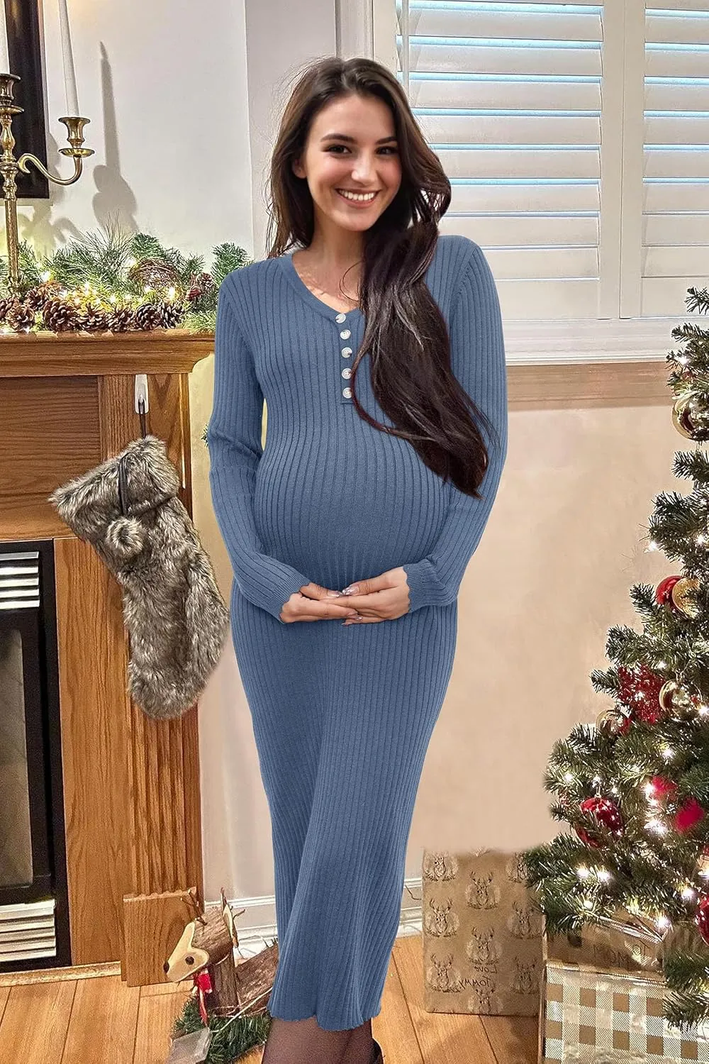 OUGES Women's Wool Blend 2025 Winter Maternity Sweater Dress V Neck Long Sleeve Slim Fit Ribbed Knit Midi Bodycon Dresses