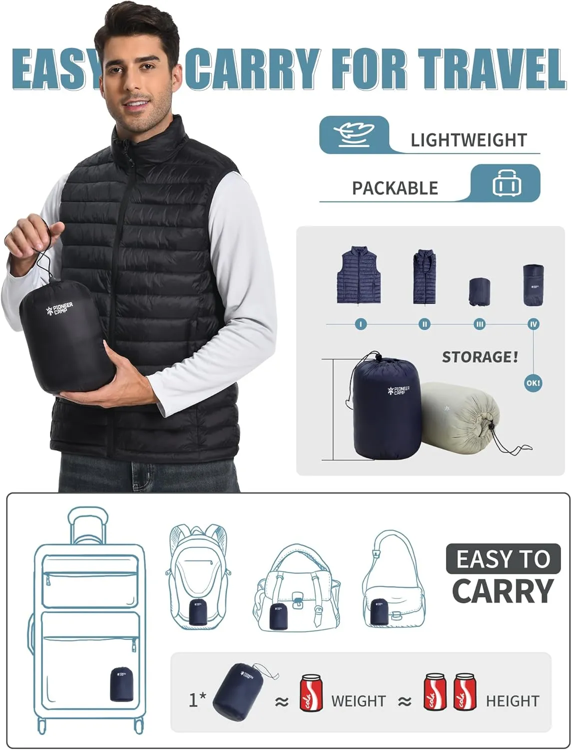 Pioneer Camp Men's Lightweight Puffer Vest Packable Water-Repellent Warm Quilted Sleeveless Outerwear for Work Casual Travel