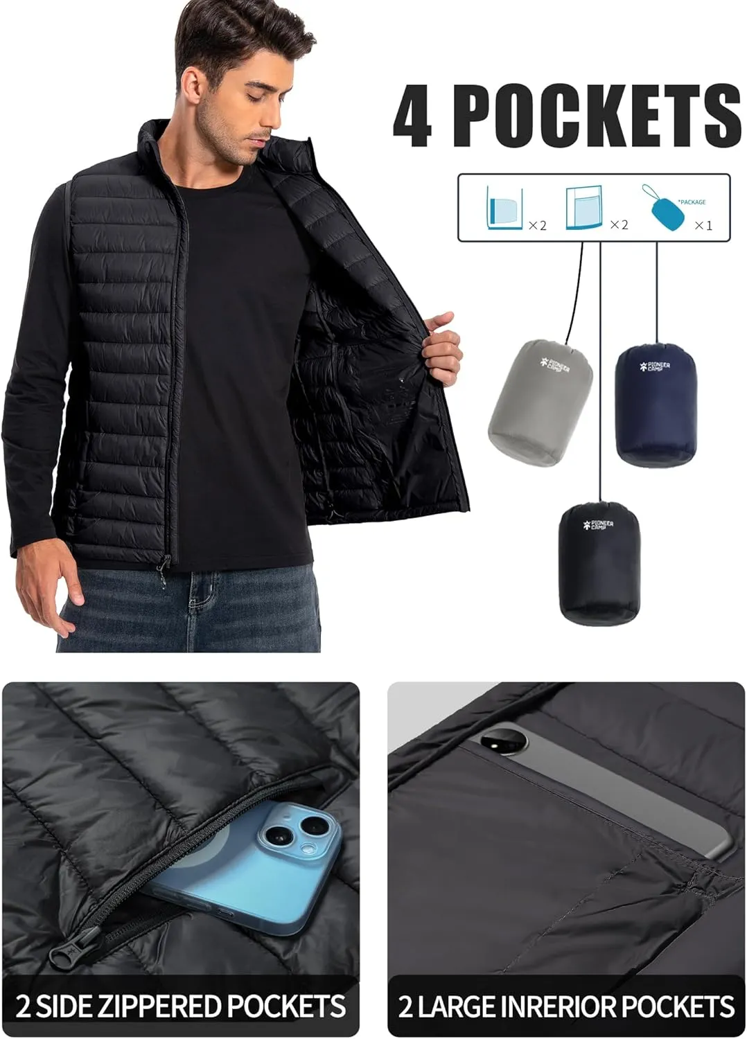 Pioneer Camp Men's Lightweight Puffer Vest Packable Water-Repellent Warm Quilted Sleeveless Outerwear for Work Casual Travel