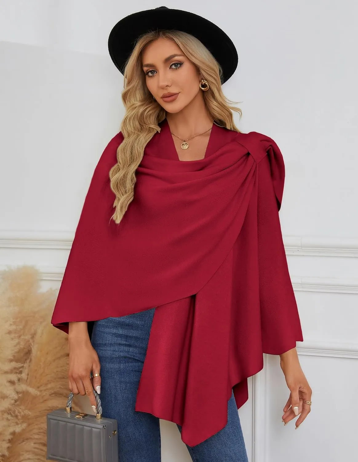 PULI Womens Large Cross Front Poncho Sweater Wrap Topper Knitted Elegant Shawls Cape for Fall Winter
