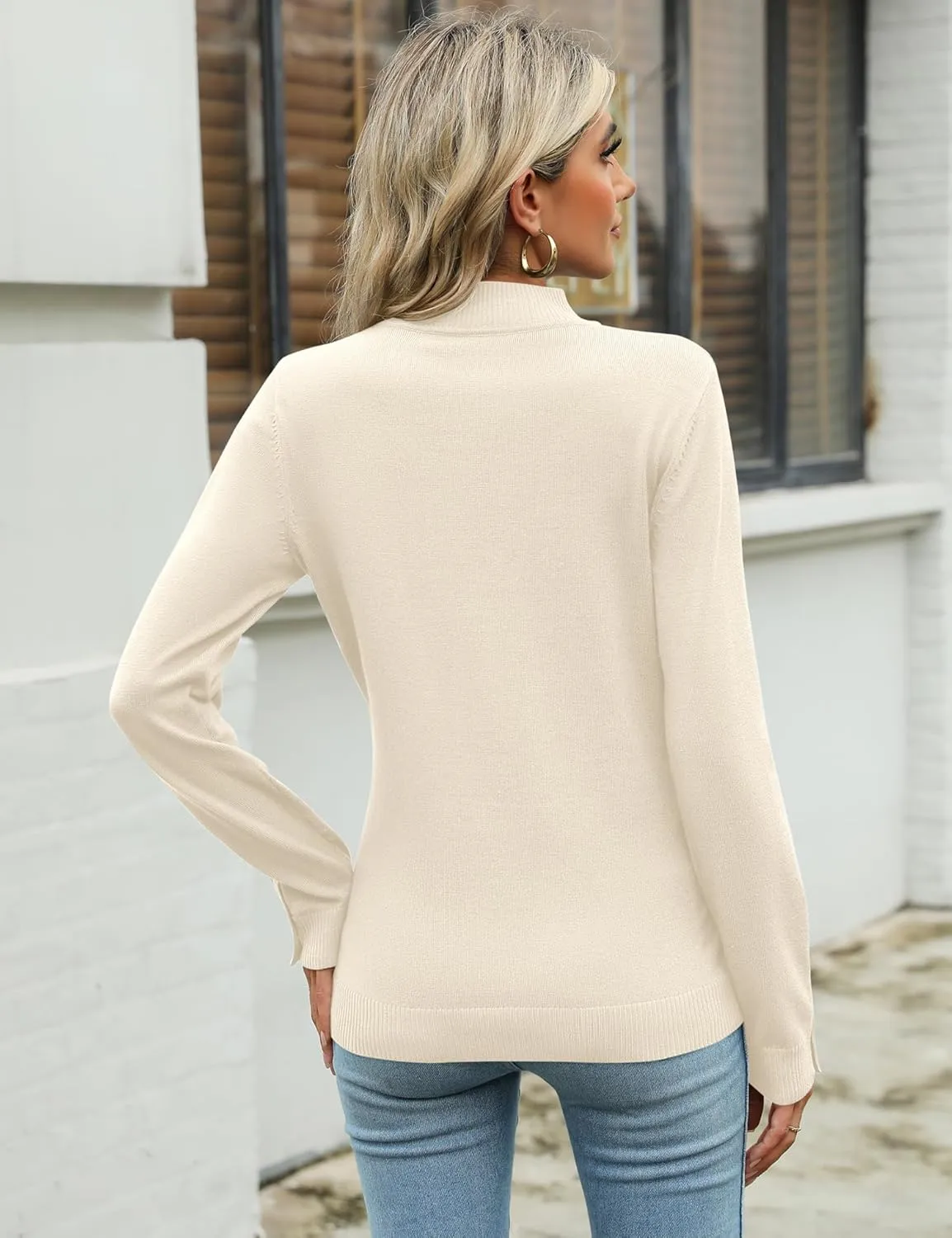 Qirno Womens Mock Neck Long Sleeve Knit Sweaters Turtleneck Casual Lightweight Button Cuffs Fall Pullover Sweater