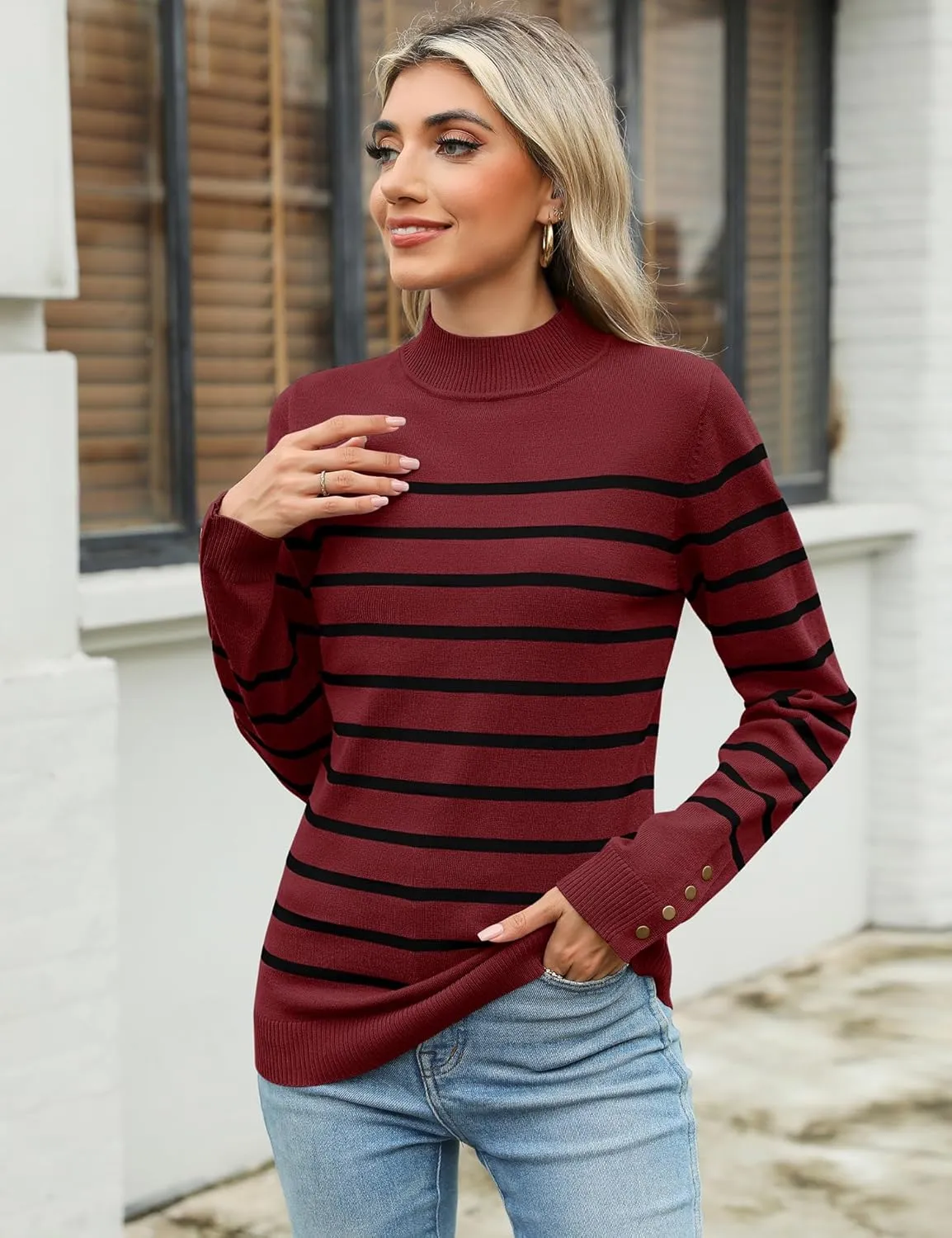 Qirno Womens Mock Neck Long Sleeve Knit Sweaters Turtleneck Casual Lightweight Button Cuffs Fall Pullover Sweater