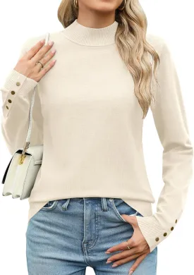Qirno Womens Mock Neck Long Sleeve Knit Sweaters Turtleneck Casual Lightweight Button Cuffs Fall Pullover Sweater