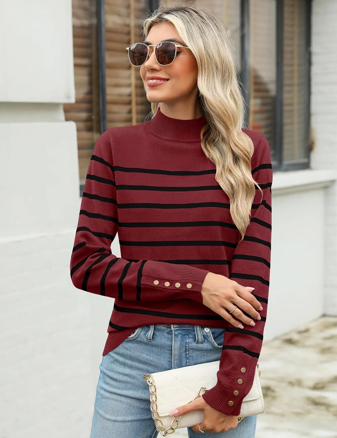 Qirno Womens Mock Neck Long Sleeve Knit Sweaters Turtleneck Casual Lightweight Button Cuffs Fall Pullover Sweater