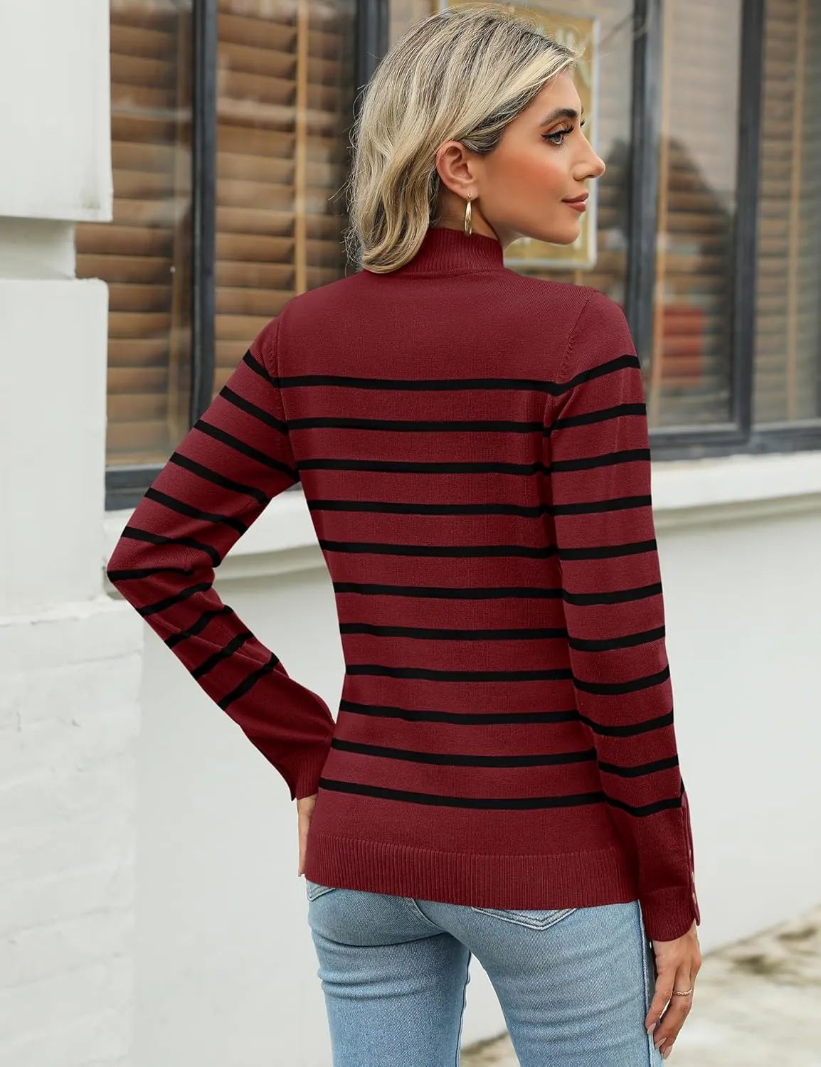 Qirno Womens Mock Neck Long Sleeve Knit Sweaters Turtleneck Casual Lightweight Button Cuffs Fall Pullover Sweater