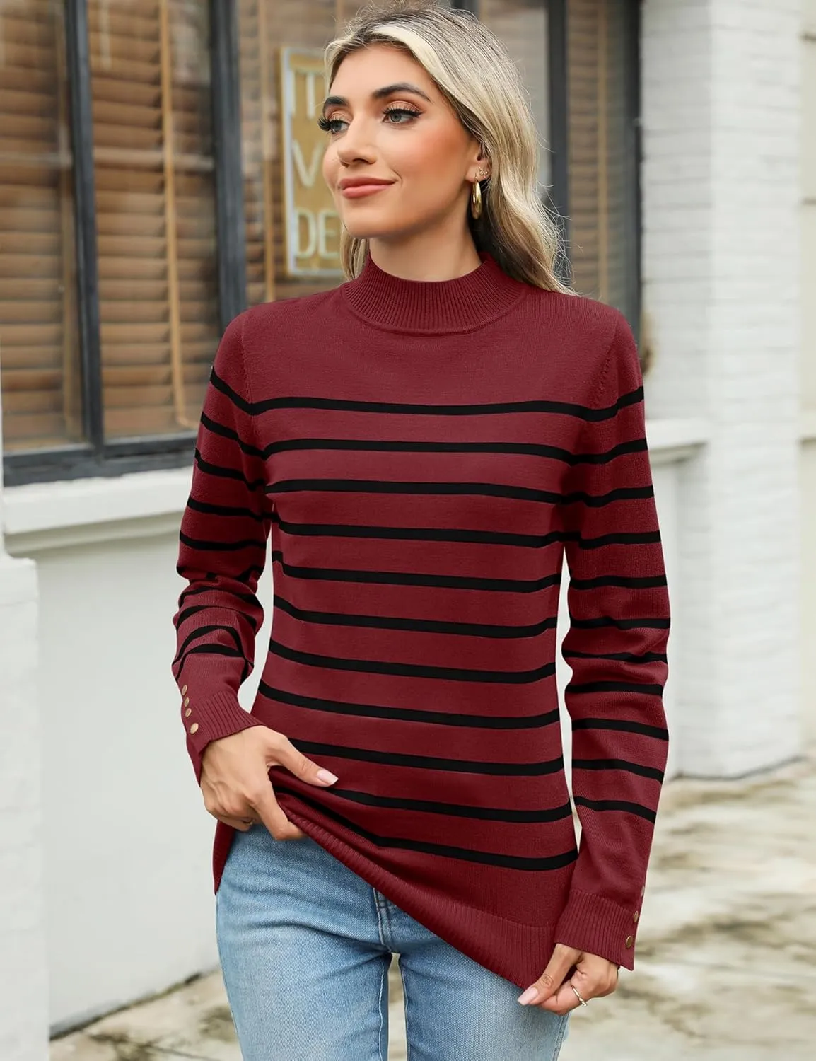 Qirno Womens Mock Neck Long Sleeve Knit Sweaters Turtleneck Casual Lightweight Button Cuffs Fall Pullover Sweater