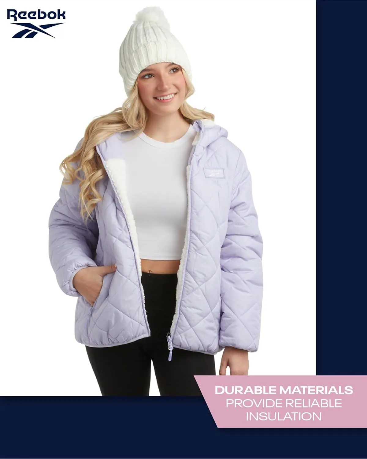 Reebok Women's Puffer Jacket - Quilted Puffer Reversible to Faux Fleece Jacket - Insulated Winter Jackets for Women (S-XL)