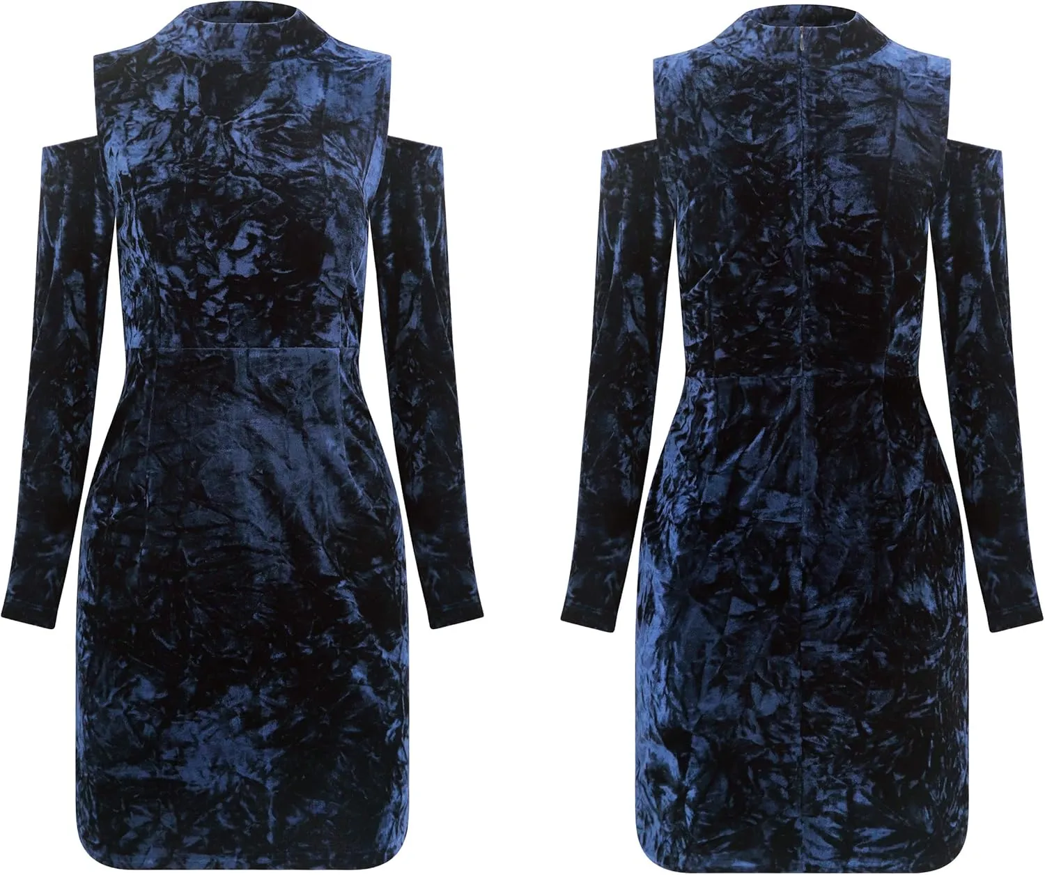 R.Vivimos Women's Winter Crushed Velvet Long Sleeves Cold Shoulder High Neck Bodycon Mini Dress