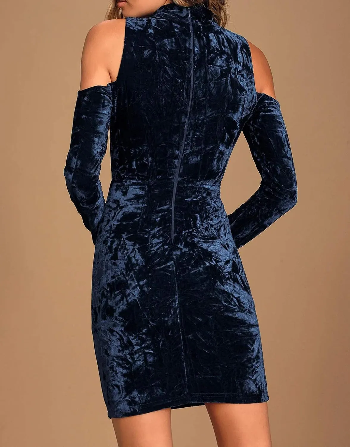 R.Vivimos Women's Winter Crushed Velvet Long Sleeves Cold Shoulder High Neck Bodycon Mini Dress