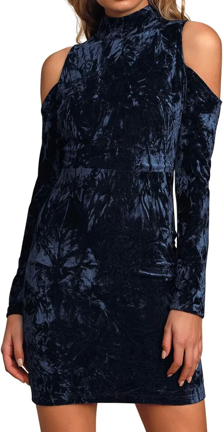 R.Vivimos Women's Winter Crushed Velvet Long Sleeves Cold Shoulder High Neck Bodycon Mini Dress