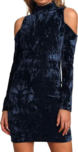 R.Vivimos Women's Winter Crushed Velvet Long Sleeves Cold Shoulder High Neck Bodycon Mini Dress