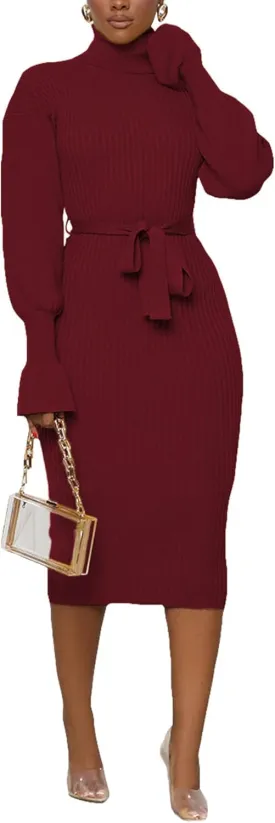Sexyshine Women's Long Sleeve High Neck Sweater Dress Ribbed Knit Turtleneck A Line Midi Sweater Dress with Belt