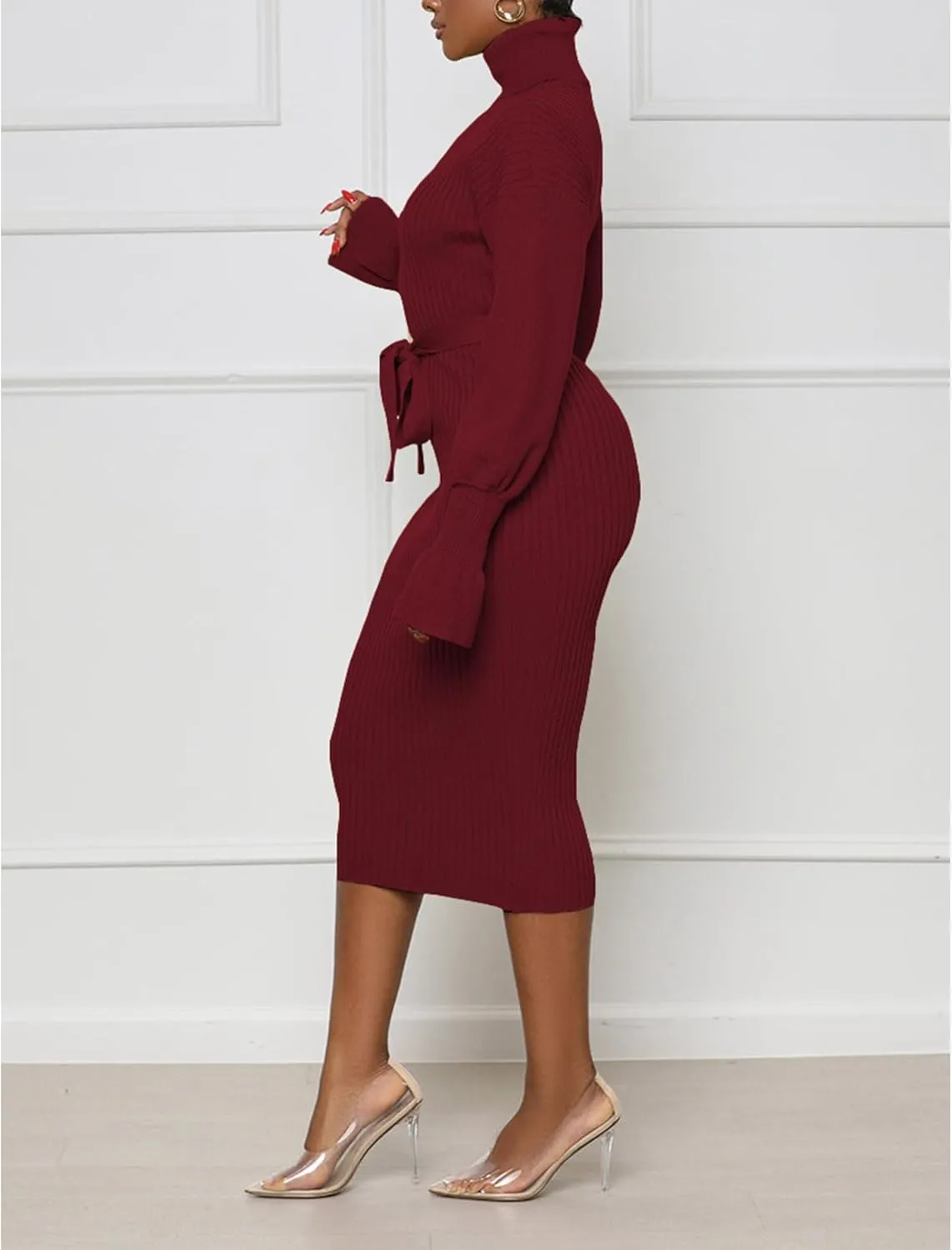 Sexyshine Women's Long Sleeve High Neck Sweater Dress Ribbed Knit Turtleneck A Line Midi Sweater Dress with Belt