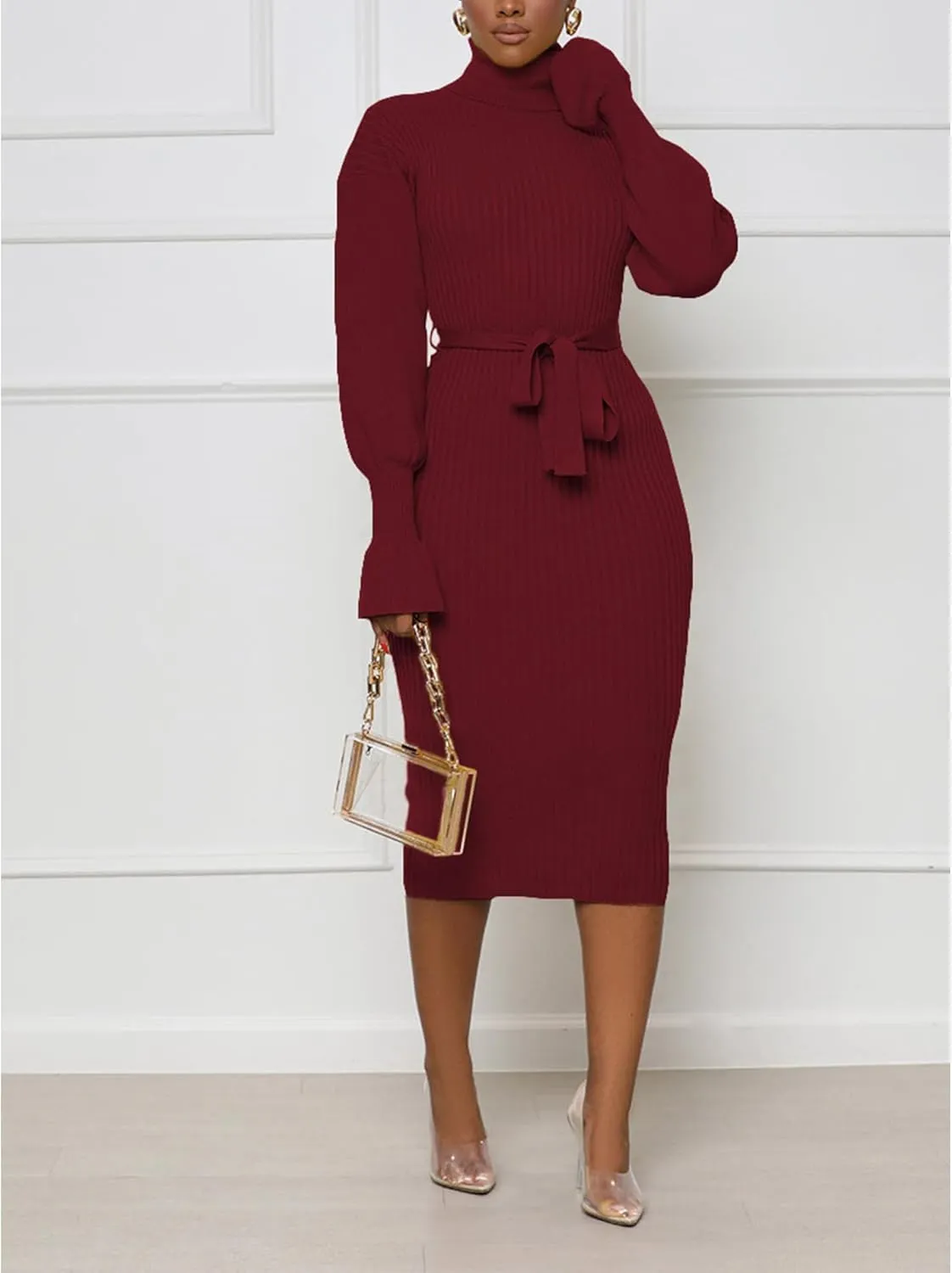 Sexyshine Women's Long Sleeve High Neck Sweater Dress Ribbed Knit Turtleneck A Line Midi Sweater Dress with Belt