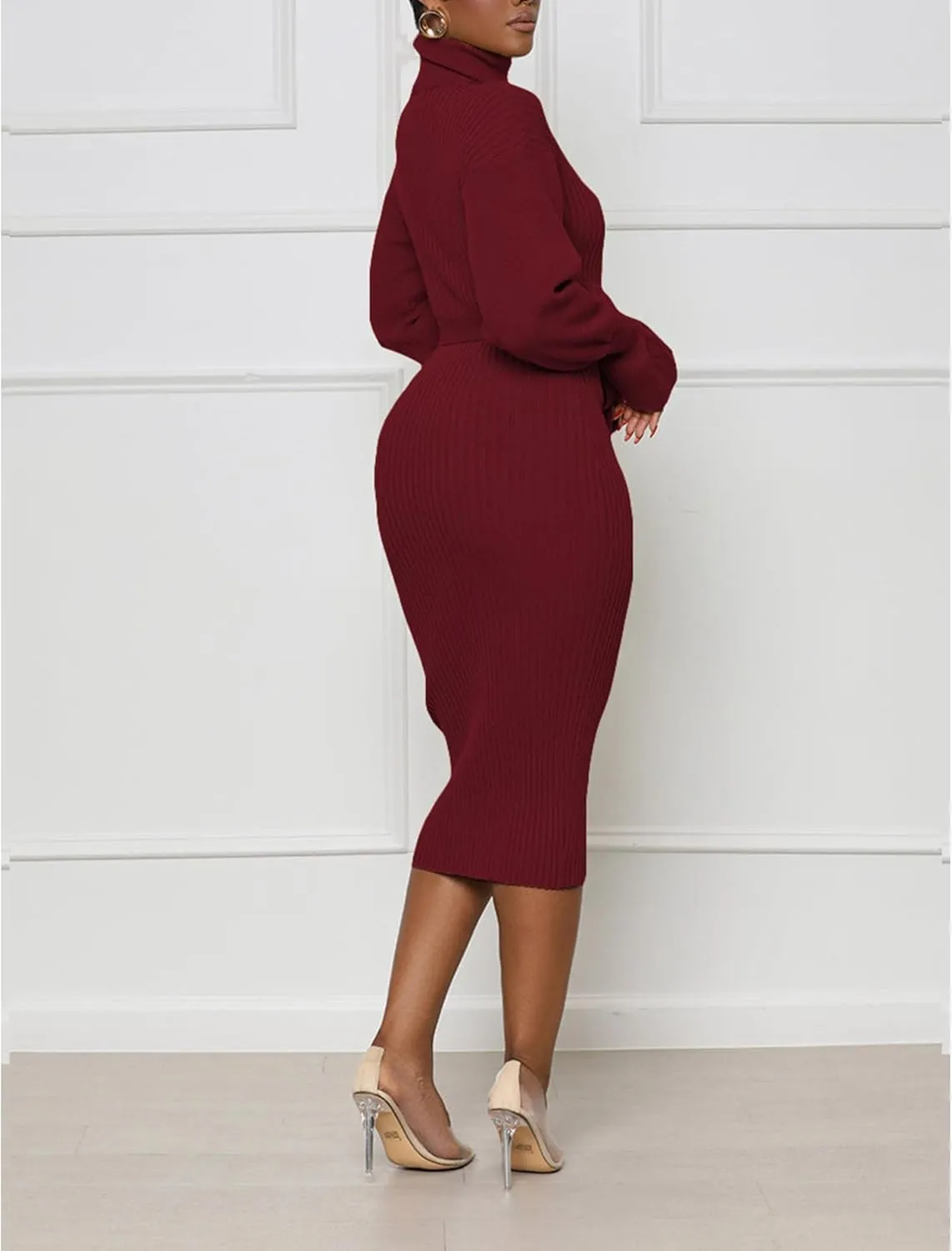 Sexyshine Women's Long Sleeve High Neck Sweater Dress Ribbed Knit Turtleneck A Line Midi Sweater Dress with Belt