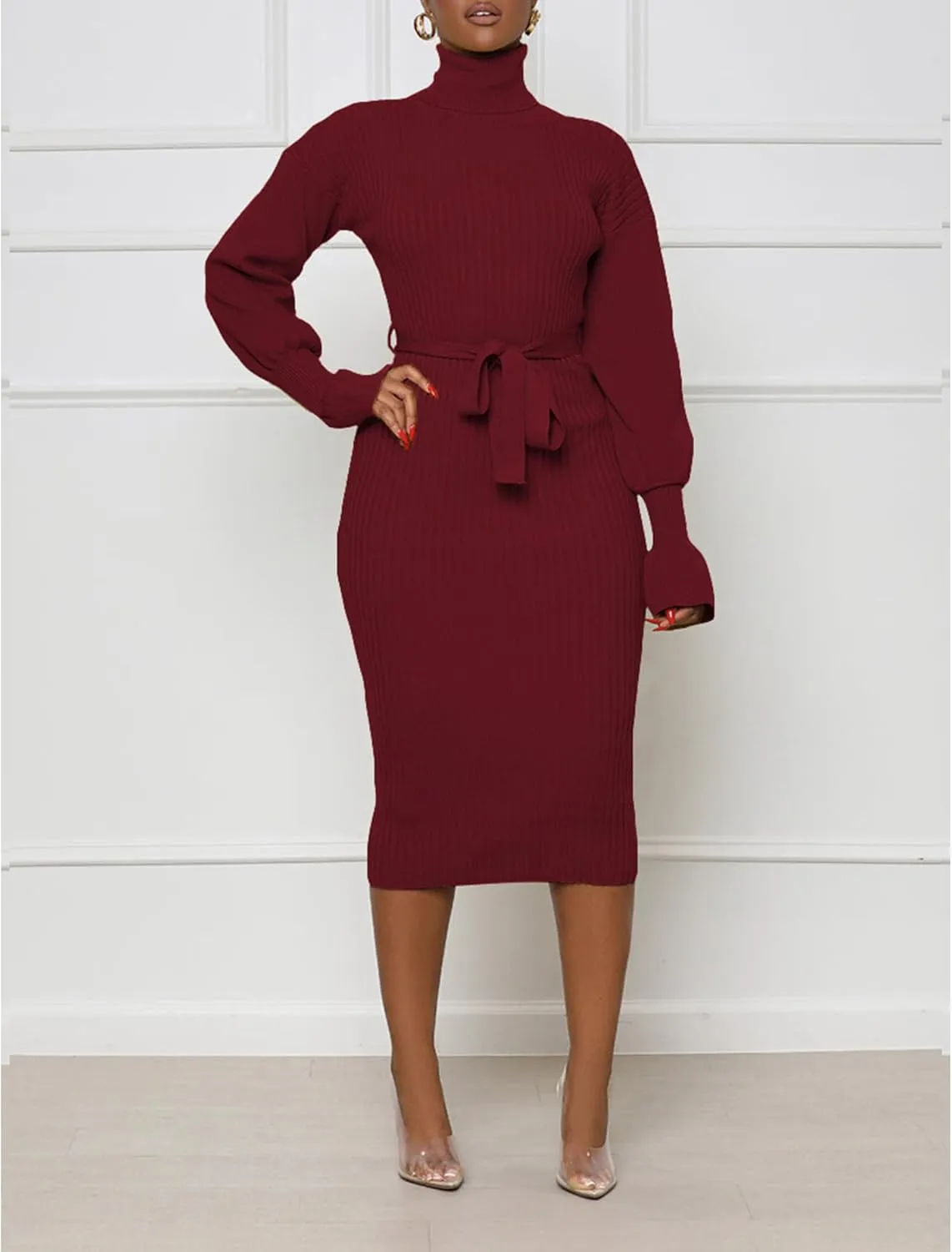 Sexyshine Women's Long Sleeve High Neck Sweater Dress Ribbed Knit Turtleneck A Line Midi Sweater Dress with Belt