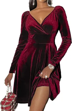 SOMTHRON Women's Sexy Velvet Mini Dress Wrap V Neck Long Sleeve Pleated A-Line Swing Cocktail Evening Party Dress