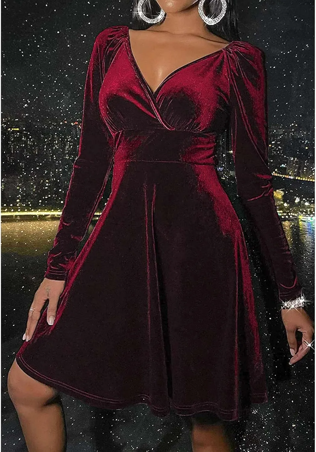 SOMTHRON Women's Sexy Velvet Mini Dress Wrap V Neck Long Sleeve Pleated A-Line Swing Cocktail Evening Party Dress