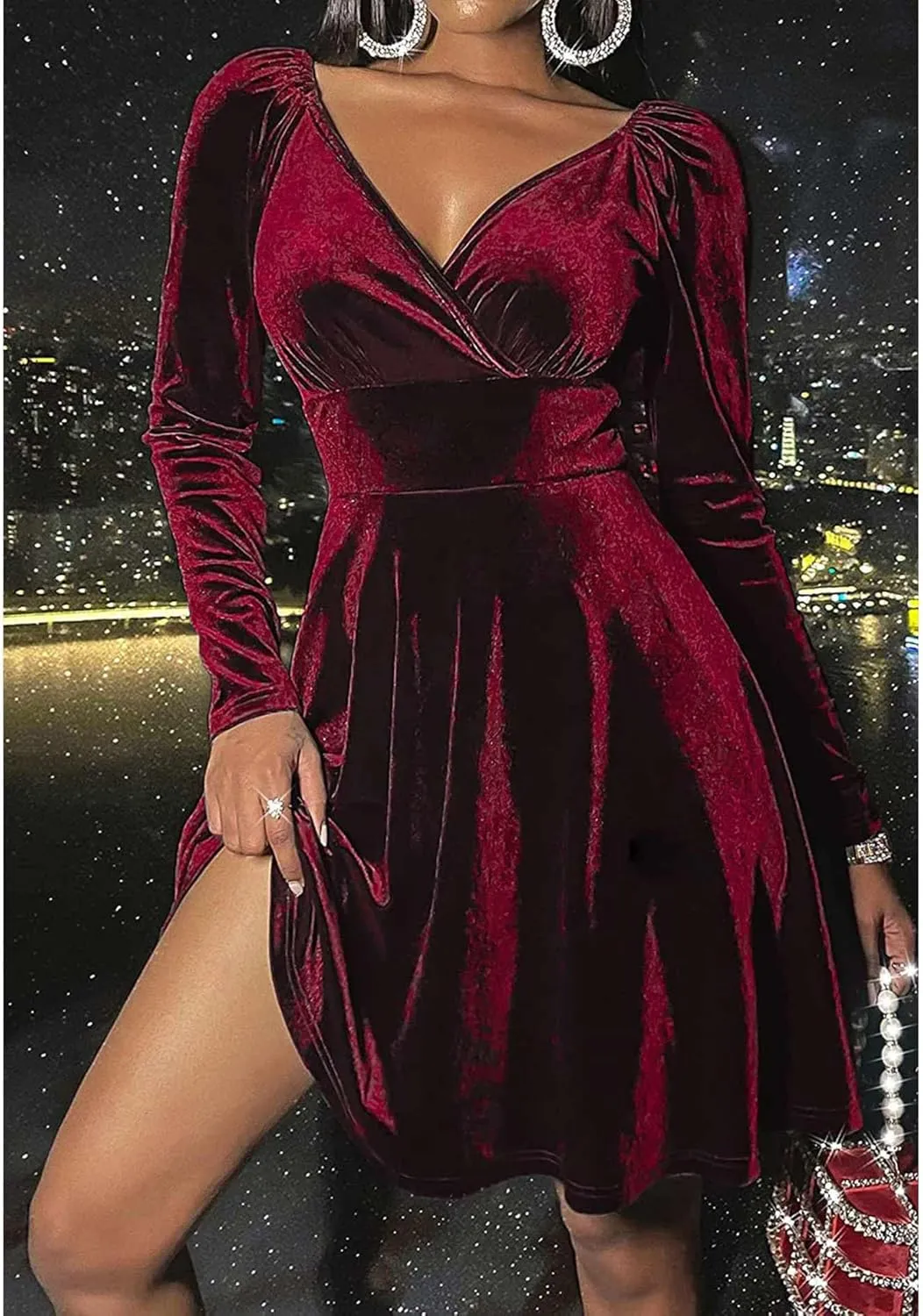 SOMTHRON Women's Sexy Velvet Mini Dress Wrap V Neck Long Sleeve Pleated A-Line Swing Cocktail Evening Party Dress