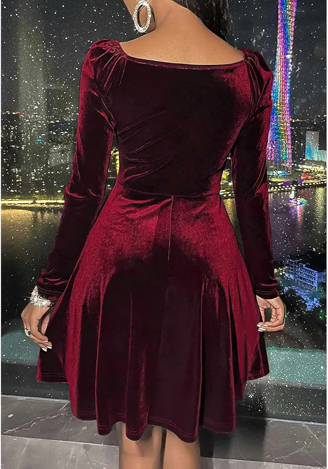 SOMTHRON Women's Sexy Velvet Mini Dress Wrap V Neck Long Sleeve Pleated A-Line Swing Cocktail Evening Party Dress