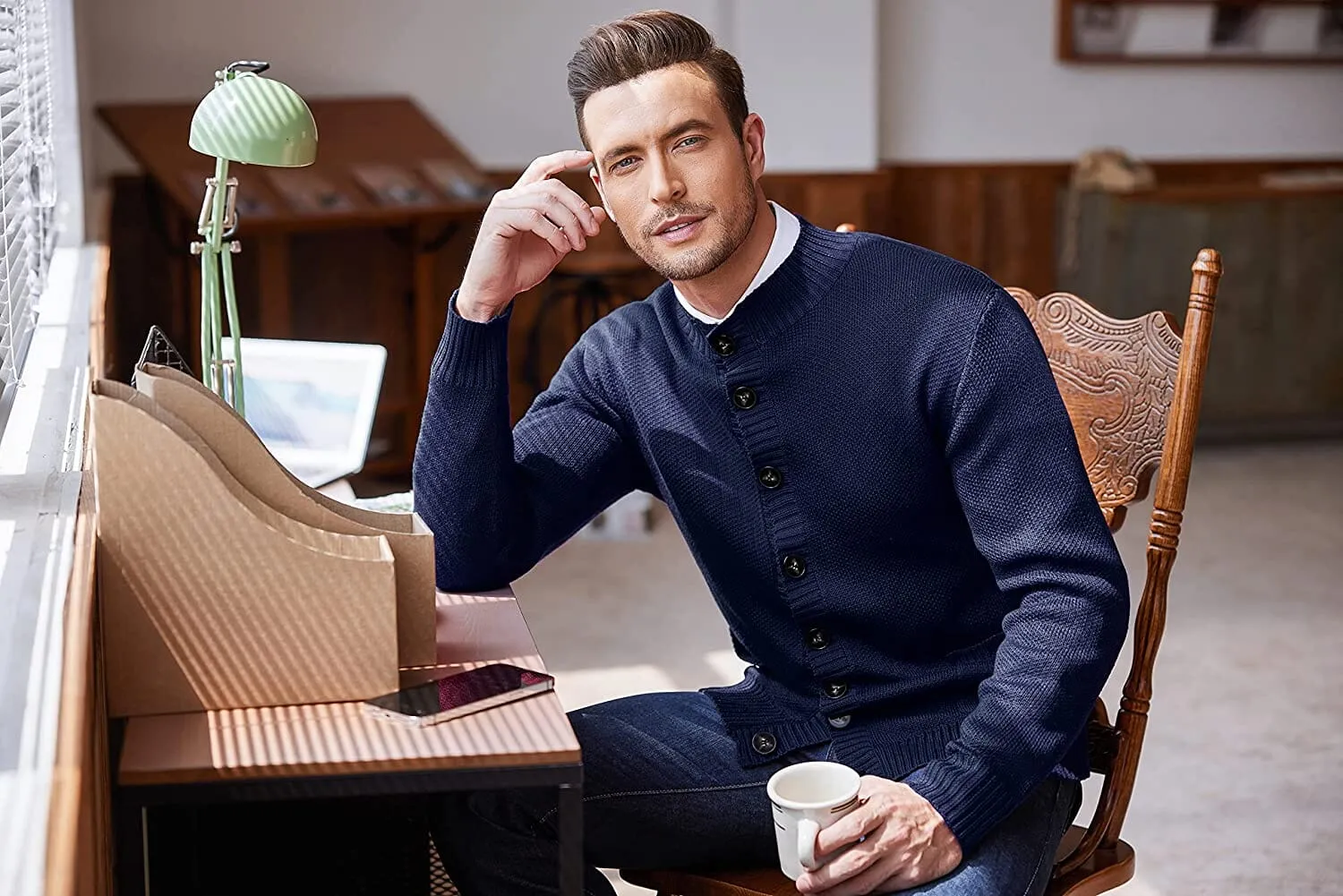 Stand Collar Button Down Knitted Cardigan with Pockets (US Only)