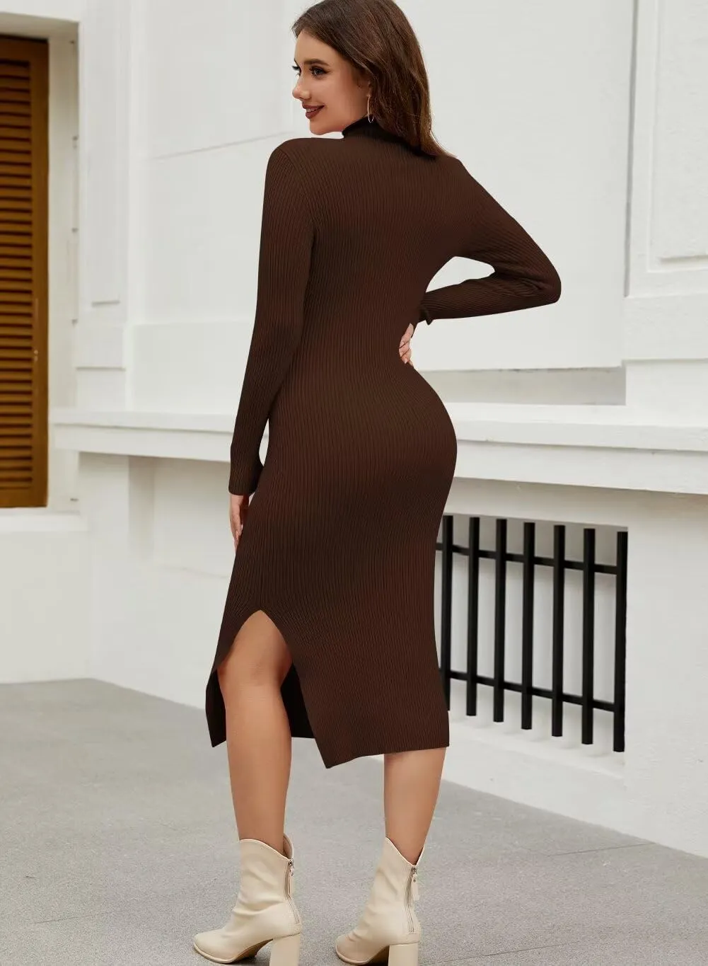 Wkior Women Long Sleeve Sweater Dresses Turtleneck Basic Ribbed Slim Fit Casual Bodycon 2025 Trendy Midi Dress(S-2XL)