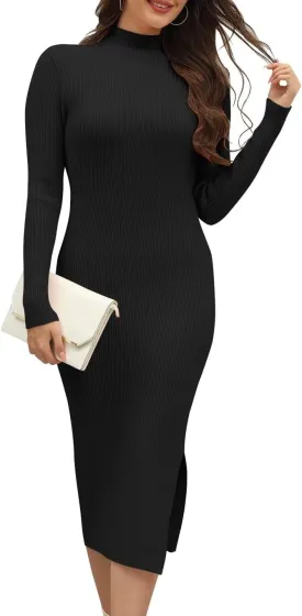 Wkior Women Long Sleeve Sweater Dresses Turtleneck Basic Ribbed Slim Fit Casual Bodycon 2025 Trendy Midi Dress(S-2XL)