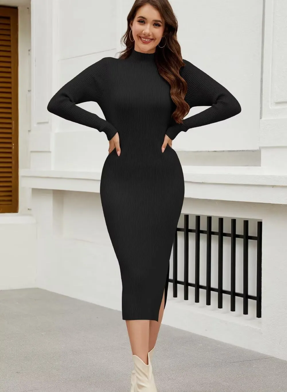 Wkior Women Long Sleeve Sweater Dresses Turtleneck Basic Ribbed Slim Fit Casual Bodycon 2025 Trendy Midi Dress(S-2XL)