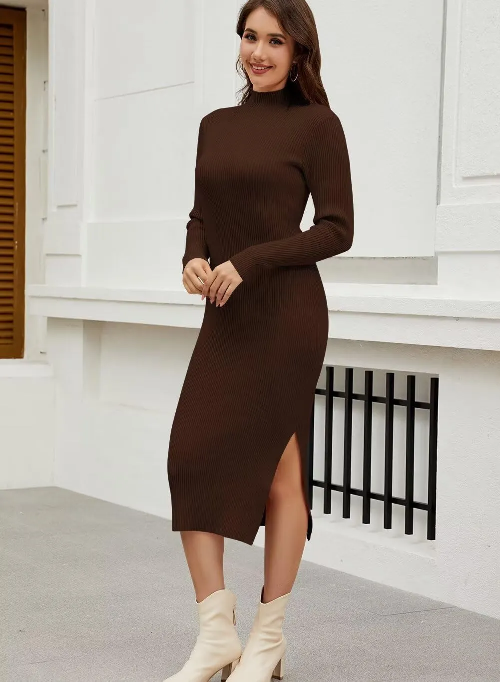 Wkior Women Long Sleeve Sweater Dresses Turtleneck Basic Ribbed Slim Fit Casual Bodycon 2025 Trendy Midi Dress(S-2XL)